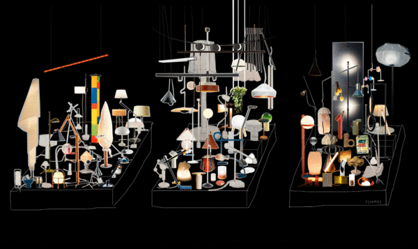 Graphic poster showing 100 lamps from the INSPIRED IN BARCELONA LUCE exhibition Milano Design Week 25