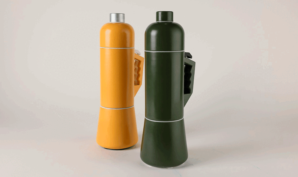 Two reusable bottles, one green and one yellow respectively.