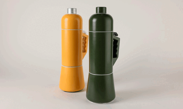 Two reusable bottles, one green and one yellow respectively.