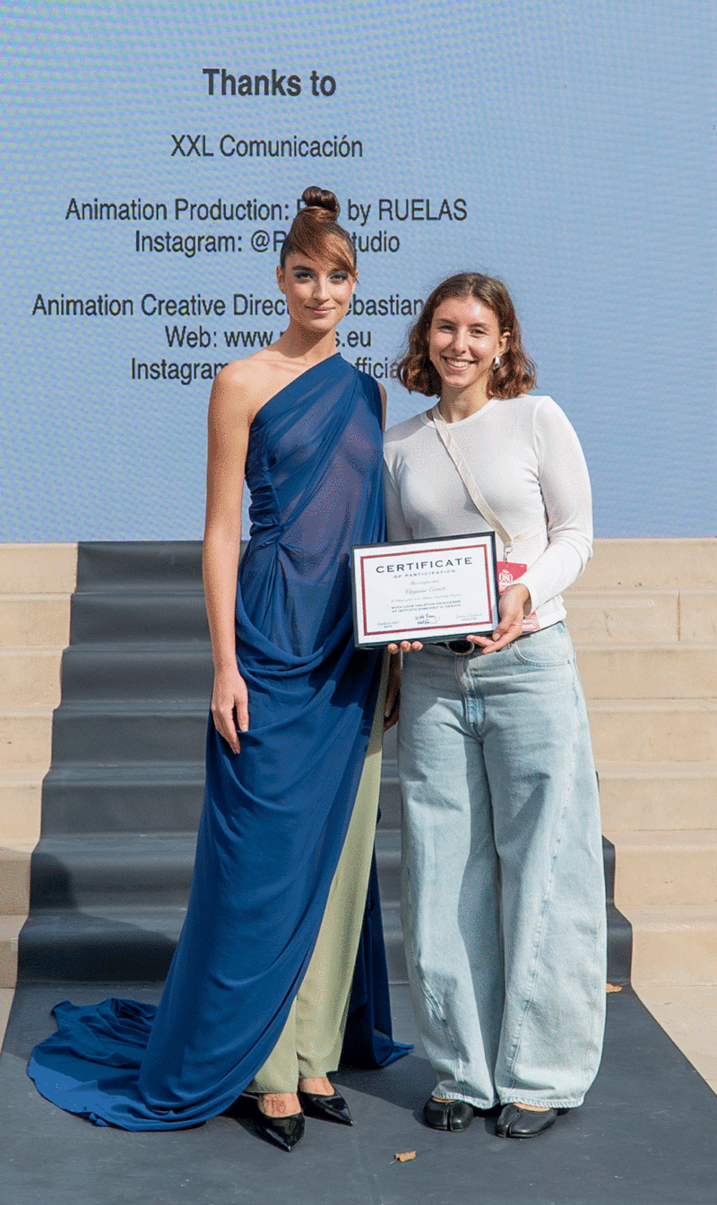 The winner of the With Love Halston challenge, IED Barcelona student Virginia Ceruti, along with the model wearing the look