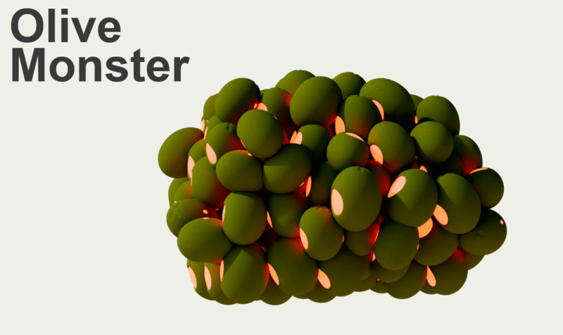 A monster made of olives from the short film by IED Barcelona student Tomiris Aimaganbetova