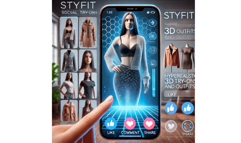 A visual representation of a mobile app for trying on clothes that integrates with social media. It shows a sleek mobile interface where users share their virtual try-ons.