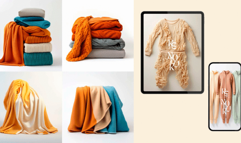 Collage with several images featuring items from the Re'nolur collection: blankets, pajamas...