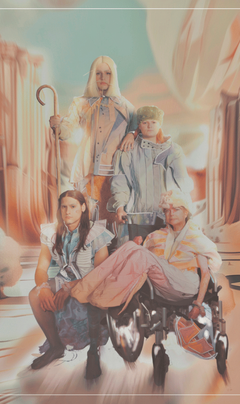 Image simulating a watercolor of four people (two standing, one squatting and a fourth in a wheelchair) dressed in futuristic clothing in pastel tones