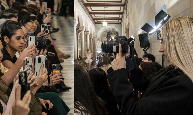 Two students taking pictures at the Vivienne Westwood Barcelona Bridal Night show
