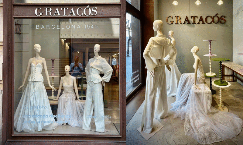Collage with two photos showing three bridal designs in the window of the Gratacós store