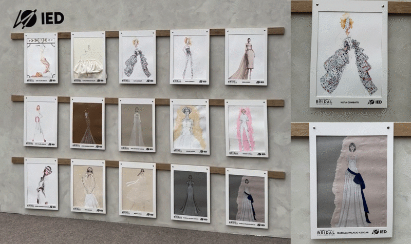 Fashion wall with 15 illustrations of wedding dress designs