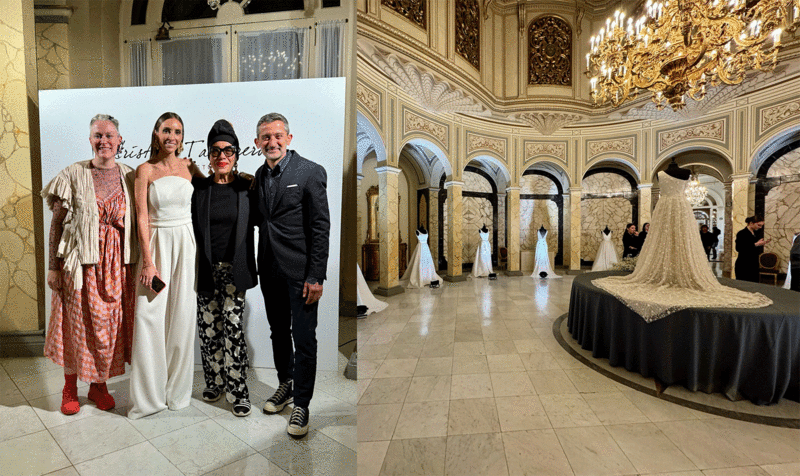 Two images from Cristina Tamborero's fashion show, with, in the photo on the left, four people posing: Julia Weems, director of the IED Barcelona Fashion School; designer Cristina Tamborero; Pilar Pasamontes, scientific director of the IED Barcelona Fashion School; and Andrea Marchesi, director of IED Barcelona.