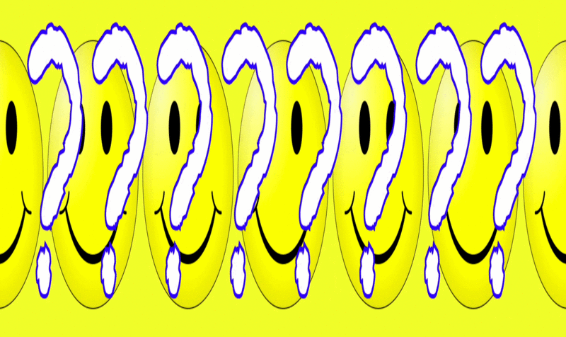 Poster with a repeated smiley face emoticon on a yellow background and a question mark between each face
