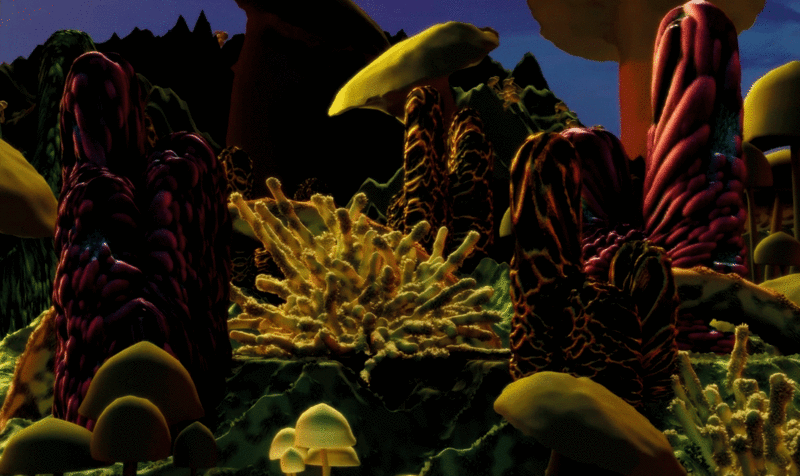 3D frame showing various colorful mushrooms on a blue background