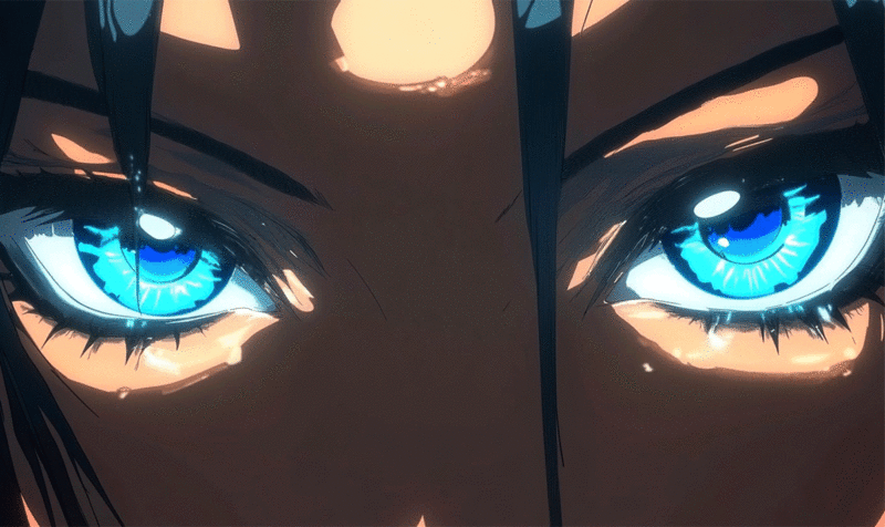 Anime still of an extreme close-up of illuminated blue eyes with shadows around them.