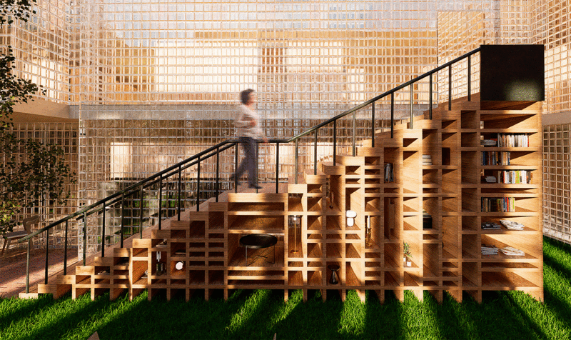 A large wooden staircase with compartments to act as a bookcase in the middle of a central courtyard of a residence