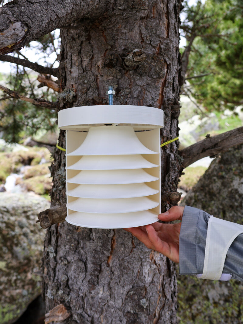 A white cylindrical device cast from a tree trunk in the field