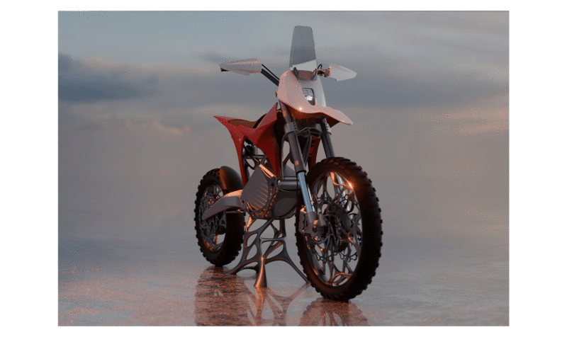 Frontal shot of a red and white offroad electric motorcycle in a gray landscape