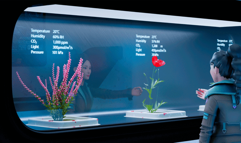 Female astronaut inside a spacecraft observing plant growth in laboratory facilities