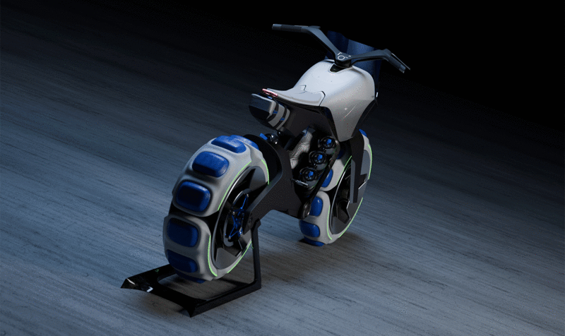 Rear view of an off-road electric motorcycle with blue details and large wheel volumes on a dark background with parquet floor