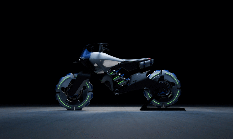 Side view of an off-road electric motorcycle with blue details and large wheel volumes on a dark background with a parquet floor.