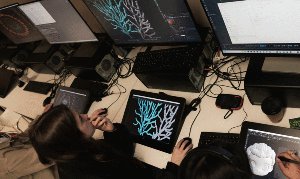 Three students from IED Barcelona designing with XPPEN digital tablets