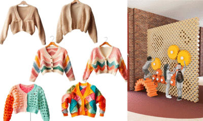Photographic composition with colorful cashmere sweaters on the left and a rendering of an illuminated play system with children playing on the right.