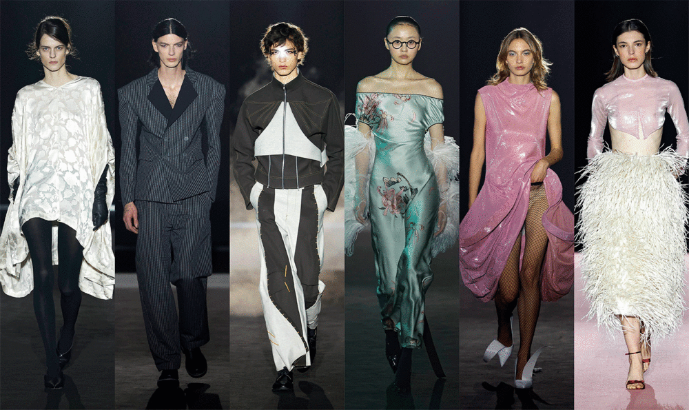 Six models sporting looks by IED Barcelona designers on the 080 Barcelona Fashion runway (April 2025).