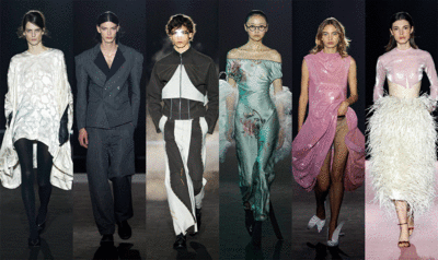 Six models sporting looks by IED Barcelona designers on the 080 Barcelona Fashion runway (April 2025).