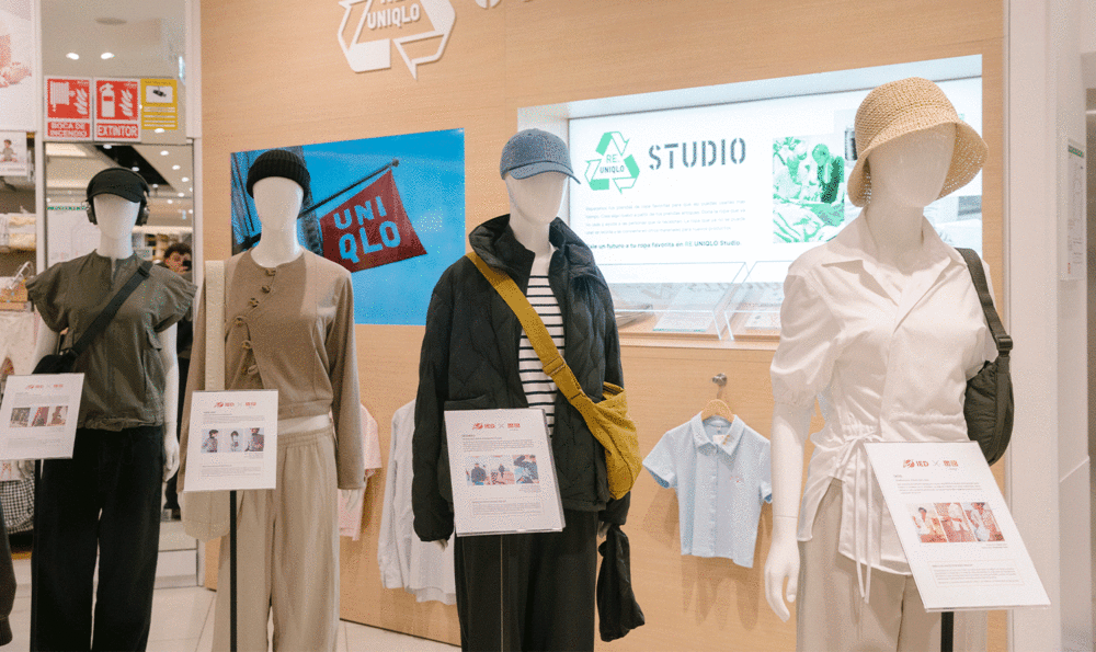 Four mannequins with garments designed using upcycling techniques by IED Barcelona students for UNIQLO