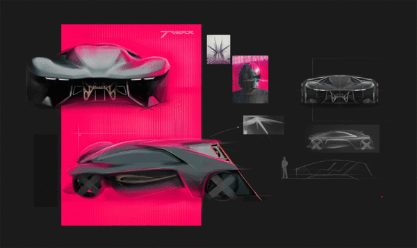 Various design sketches of a futuristic car on a black and red background