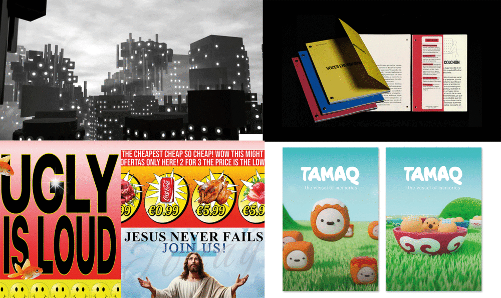 Collage with four images of visual arts projects: posters, editorial guides, frames from short films in 3.