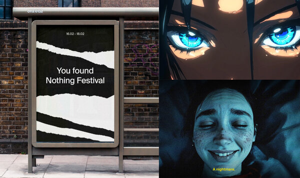 Collage with three photos: vertically on the left, a marquee with a black and white NOTHING FESTIVAL sign; top right, a close-up anime frame of blue eyes; bottom right: a close-up of a girl's smiling face lying on a bed