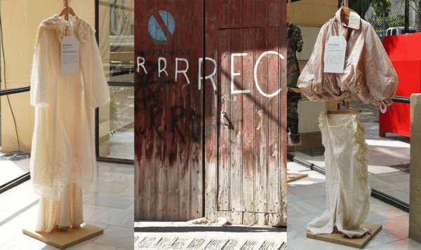 collage of three photos: two sustainable fashion mannequins and a door with the number of the festival written by hand