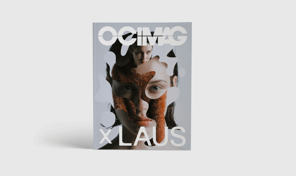 Magazine cover with a photo of a half-covered face with the letters OCIMAG X LAUS