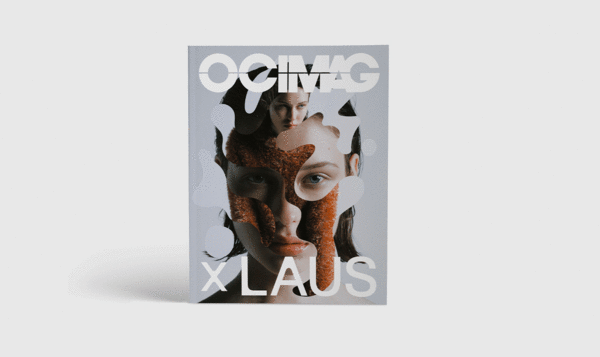 Magazine cover with a photo of a half-covered face with the letters OCIMAG X LAUS