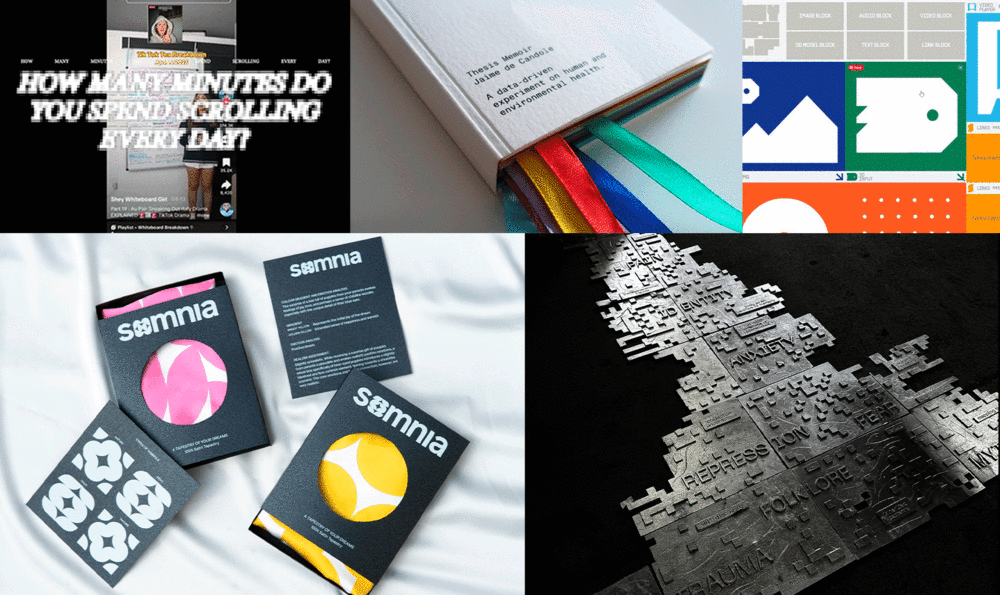 Collage de cinc fotos mostrant 4 caixes de packaging, un llibre, una pantalla d'instagram, una pàgina web i un llibre de metall
