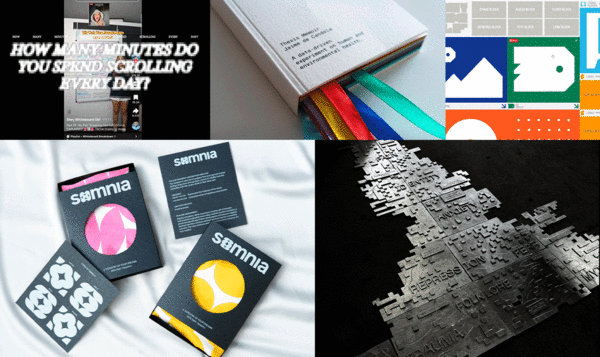Collage de cinc fotos mostrant 4 caixes de packaging, un llibre, una pantalla d'instagram, una pàgina web i un llibre de metall