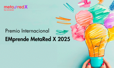 On the right side, a woman's hands holding a light bulb drawn on a light green background and, on the left, the text EMprende MetaRed X 2025 International Award