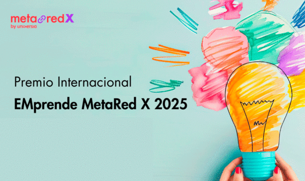 On the right side, a woman's hands holding a light bulb drawn on a light green background and, on the left, the text EMprende MetaRed X 2025 International Award