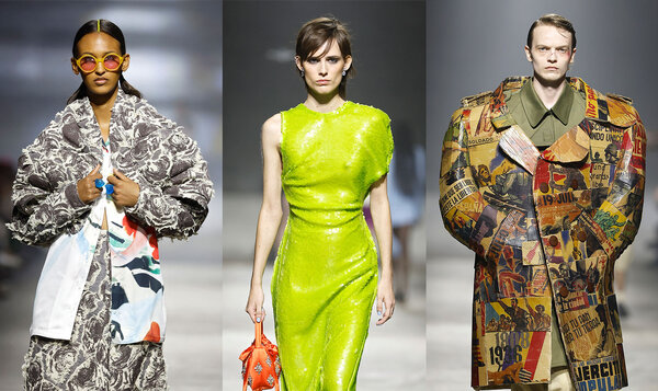Collage with three vertical photos of three models walking the catwalk at 080 Barcelona Fashion