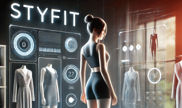 A futuristic virtual dressing room concept for StyFit, focusing on a woman using the platform. Show a sleek and modern environment with advanced technology