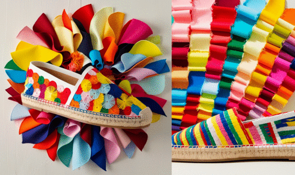 Two models of multi-colored handmade espadrilles with a background of colored fabrics