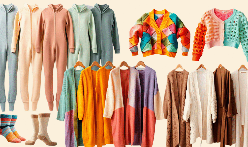 Catalog with various garments in colorful cashmere: jackets, socks, pajamas...
