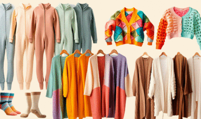 Catalog with various garments in colorful cashmere: jackets, socks, pajamas...