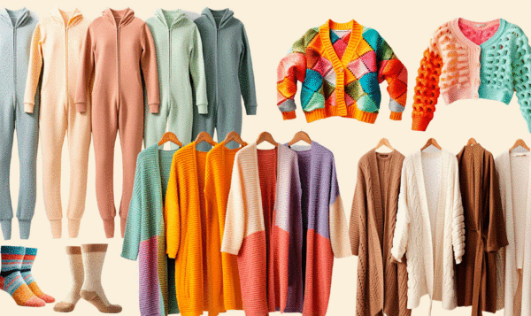 Catalog with various garments in colorful cashmere: jackets, socks, pajamas...