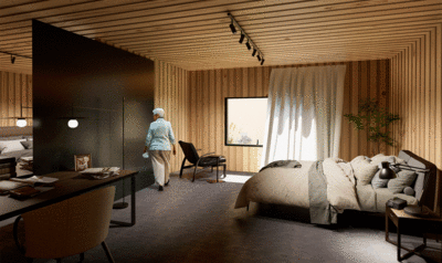 A bedroom for seniors, with wooden walls and ceiling and a large bed on the right side