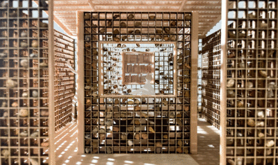 Structure of small wooden squares with a small central shelf in the background