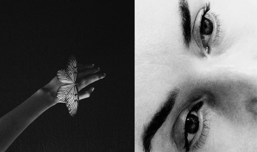 Collage of two black and white photos. On the left, a hand with a butterfly. On the right, a close-up of eyes.