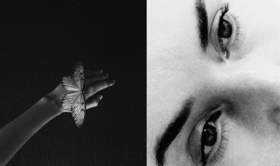 Collage of two black and white photos. On the left, a hand with a butterfly. On the right, a close-up of eyes.