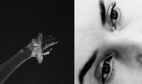 Collage of two black and white photos. On the left, a hand with a butterfly. On the right, a close-up of eyes.