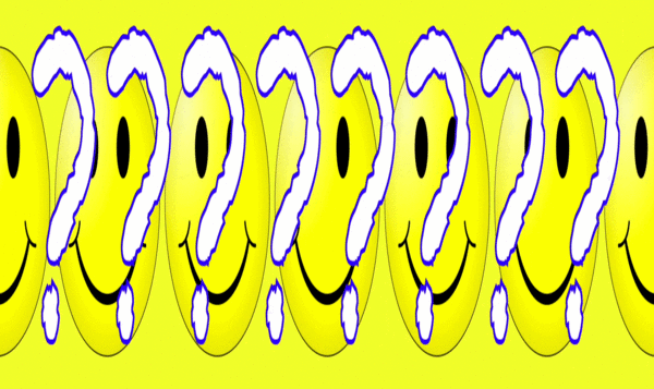 Succession of question marks and smiley face emoticons on a yellow background