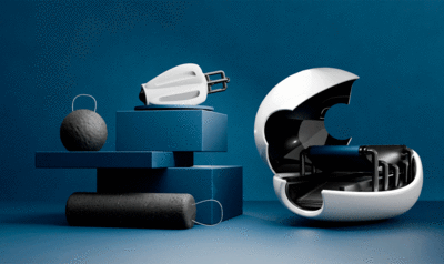 A disassembled white oyster-shaped oil spill cleanup robot on a blue background