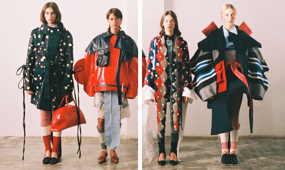 Four models with geometric print looks in bright colors: red, black and blue